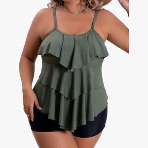 Elegant Olive Green Layered Tankini Two Piece Swimsuit